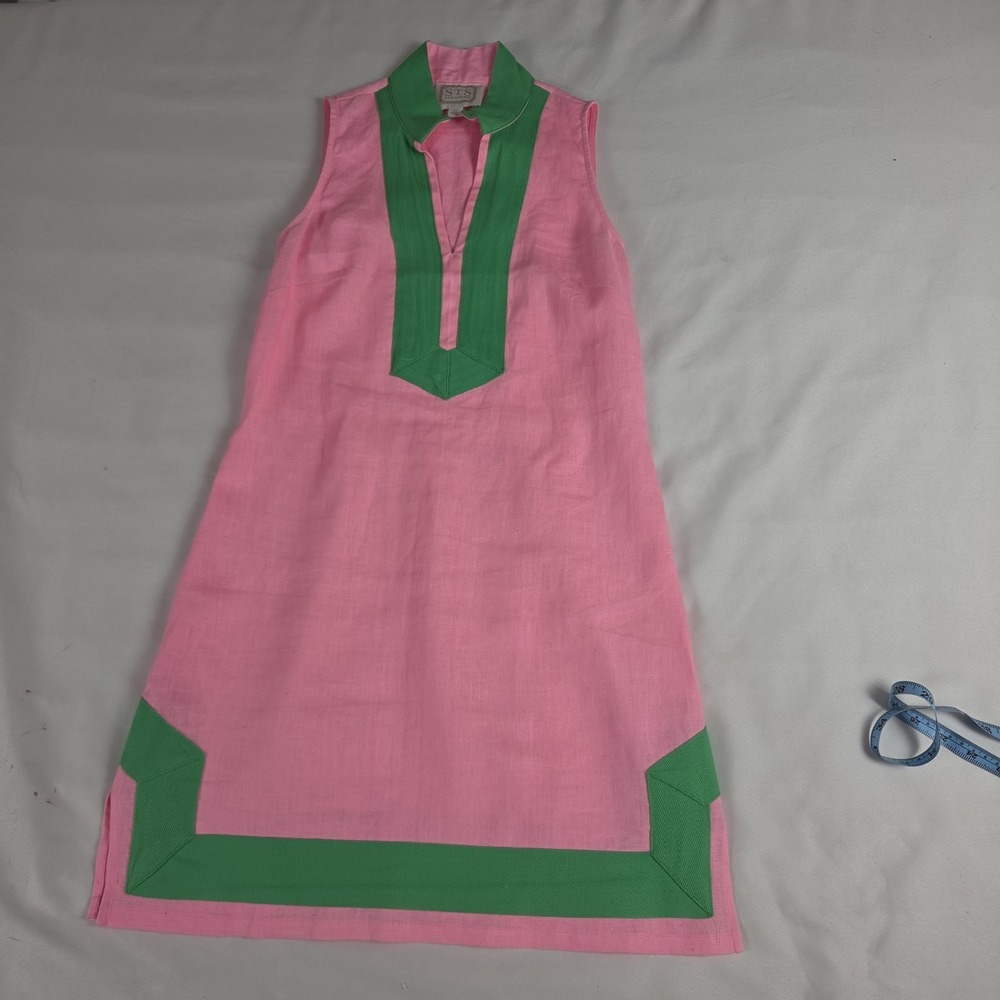 STS Sail To Sable Linen Dress 60s Inspired Pink & Green Sleeveless  XS - Picture 8 of 8